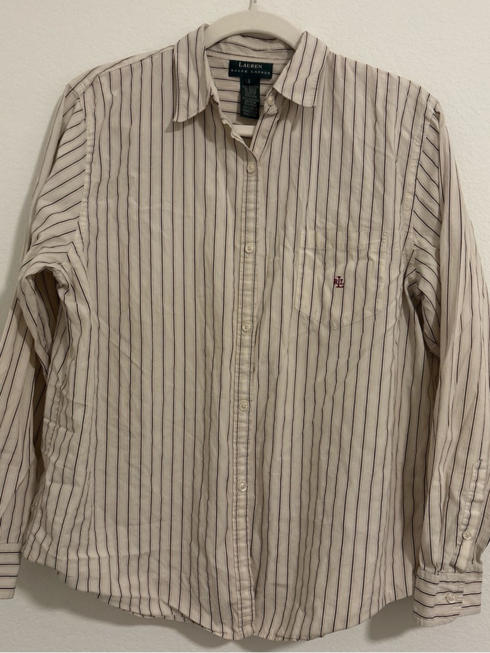 Vintage Ralph Lauren Cream Button-Down Shirt with Navy Pinstripes